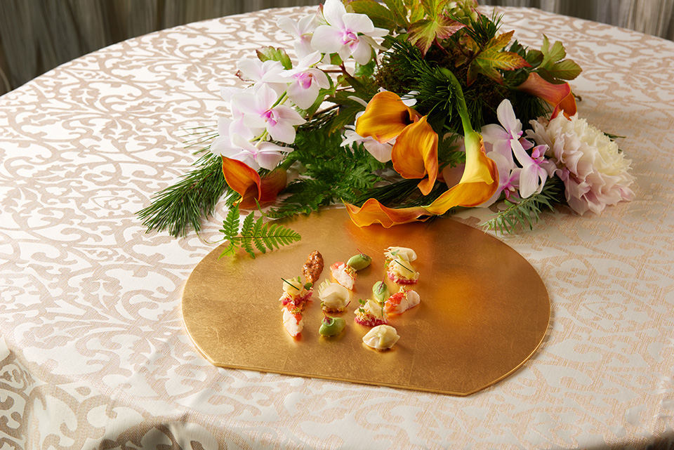 タラバカニと金柑のアンサンブル 菜の花のムースリームと爽やかな旬菜のタルタル